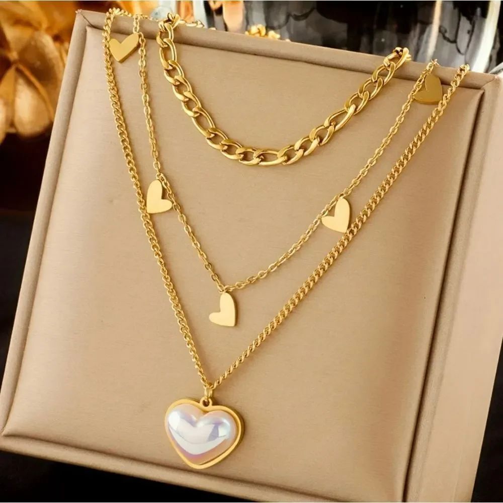 Gold Plated Multi Layered Heart Necklace